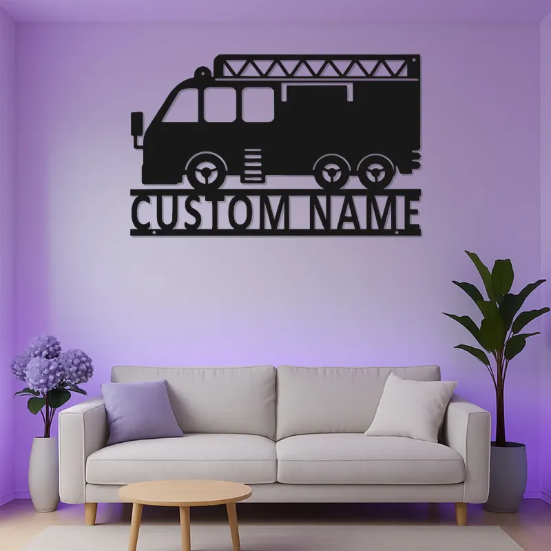 Plaque personnalisée camion de pompiers | Décoration murale LED en métal pour chambre d’enfant | Cadeau pompier personnalisé | Déco caserne