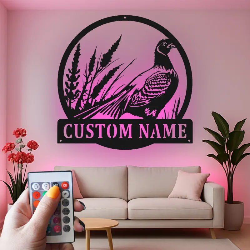 Insegna in Metallo Pheasant | Regalo Personalizzato per Cacciatori con Insegna LED con Nome | Decorazione per Cabina & Lodge