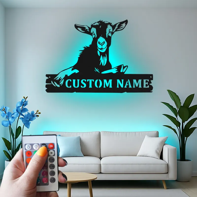 Cartel de cabra personalizado con LED | Arte mural de metal farmhouse personalizado | Decoración rústica de granero para amantes de las cabras