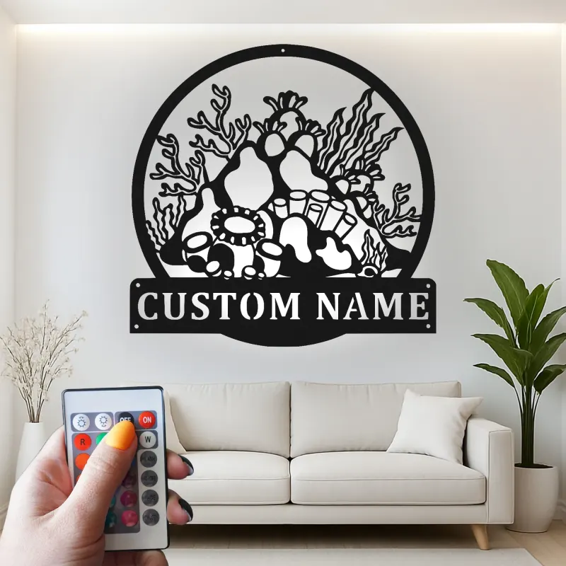 Cartel de metal personalizado con luz LED de arrecife de coral, regalo personalizado para amantes del océano, decoración náutica para casa de playa