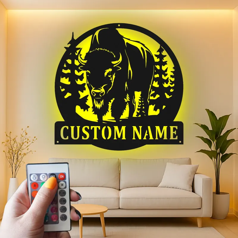 Décoration murale en métal LED personnalisée Bison Cadeau faunique pour les amoureux de la nature Décor de chalet rustique
