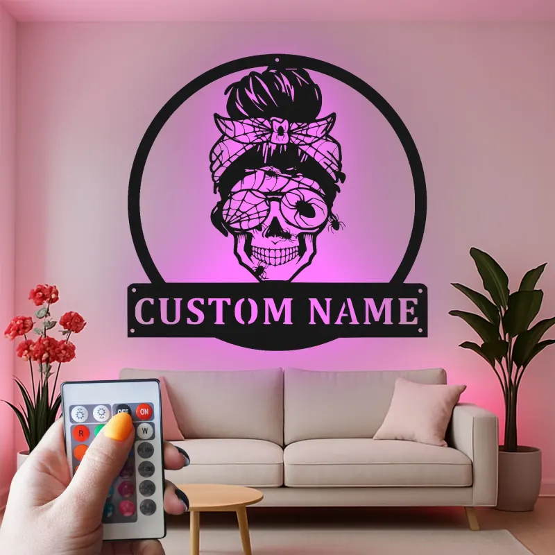Cartel LED de Mujer Calavera Personalizado | Decoración Mural de Metal Gótica Personalizada | Decoración Retro con Nombre para Ella