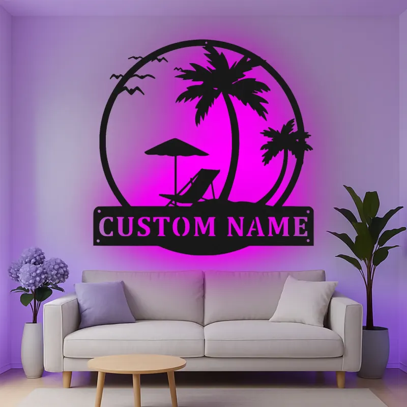 Custom Beach Scene Led Light Metal Wall Art Personalized Tropical Gift for Couples Bedroom or Patio Decor
