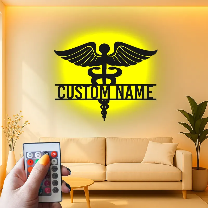 Art mural en métal Caduceus personnalisé | Panneau médical rétroéclairé LED | Décor de bureau de médecin personnalisé | Cadeau pour professionnels de la santé
