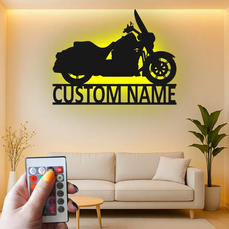 Insegna LED Personalizzata con Moto Cruiser | Decorazione per Garage in Metallo | Regalo per Biker e Decorazione per Caverna degli Uomini