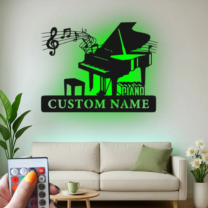 Cartel de metal de piano de cola personalizado con LED | Cartel de sala de música personalizado | Regalo para músico | Silueta de piano de cola