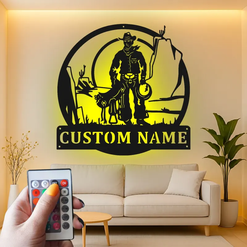 Cartel de metal personalizado con luz LED de vaquero y perro, regalo western para él, decoración rústica para el salón