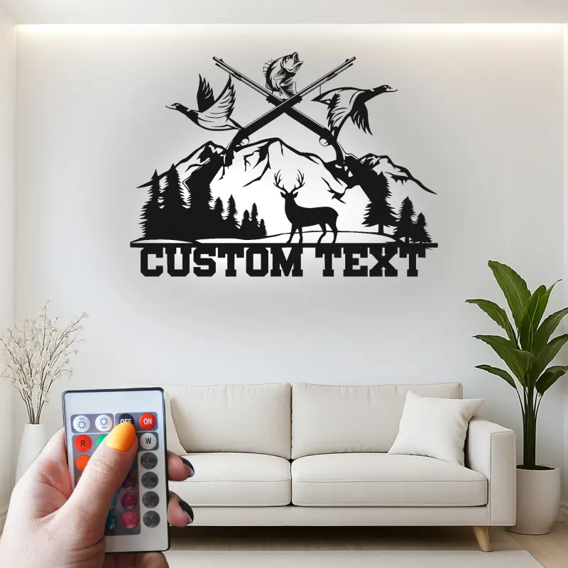 Custom Hunting Scene Metal Wall Art | Personalized LED Sign with Deer & Ducks | Rustic Cabin Decor Gift for Hunter