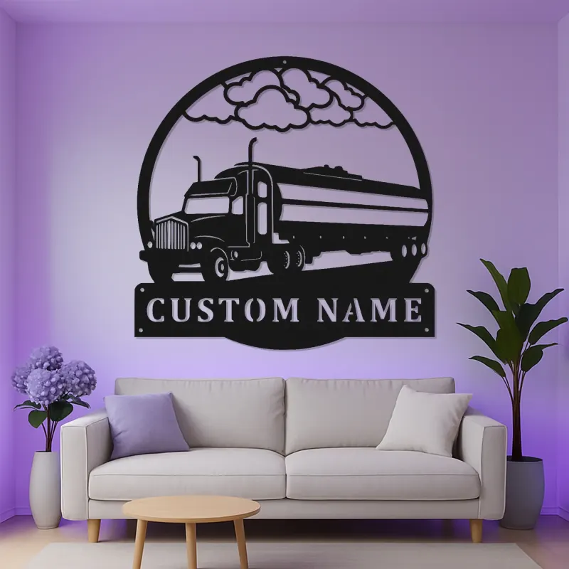 Personalized Trucker LED Sign | Custom Semi Truck Metal Wall Art | Big Rig Silhouette for Man Cave | Gift for Driver