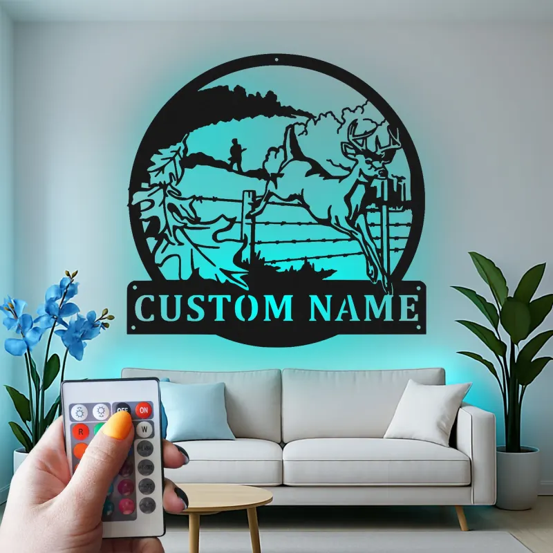 Décoration murale en métal personnalisée pour chasseur de cerfs avec rétroéclairage LED - Cadeau personnalisé pour chasseurs - Décor de cabane rustique 2