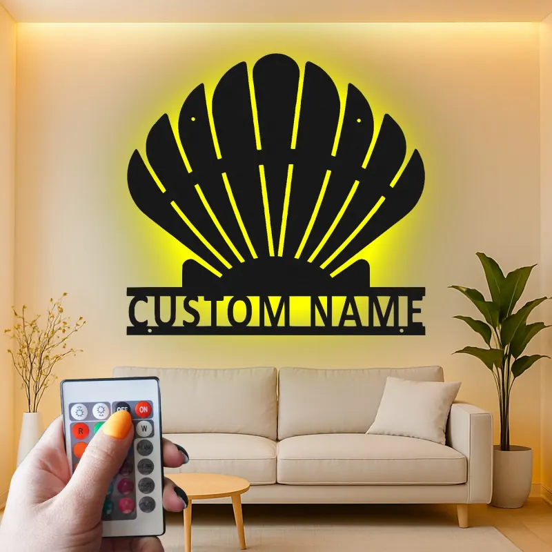 Insegna in metallo LED a forma di conchiglia personalizzata | Arte murale costiera personalizzata | Decorazione per casa al mare e bagno