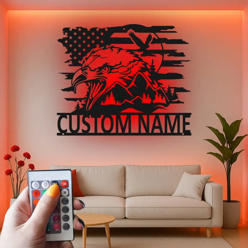 Insegna in metallo LED personalizzata con aquila e bandiera americana - Regalo patriottico per veterani, decorazione per man cave o ufficio