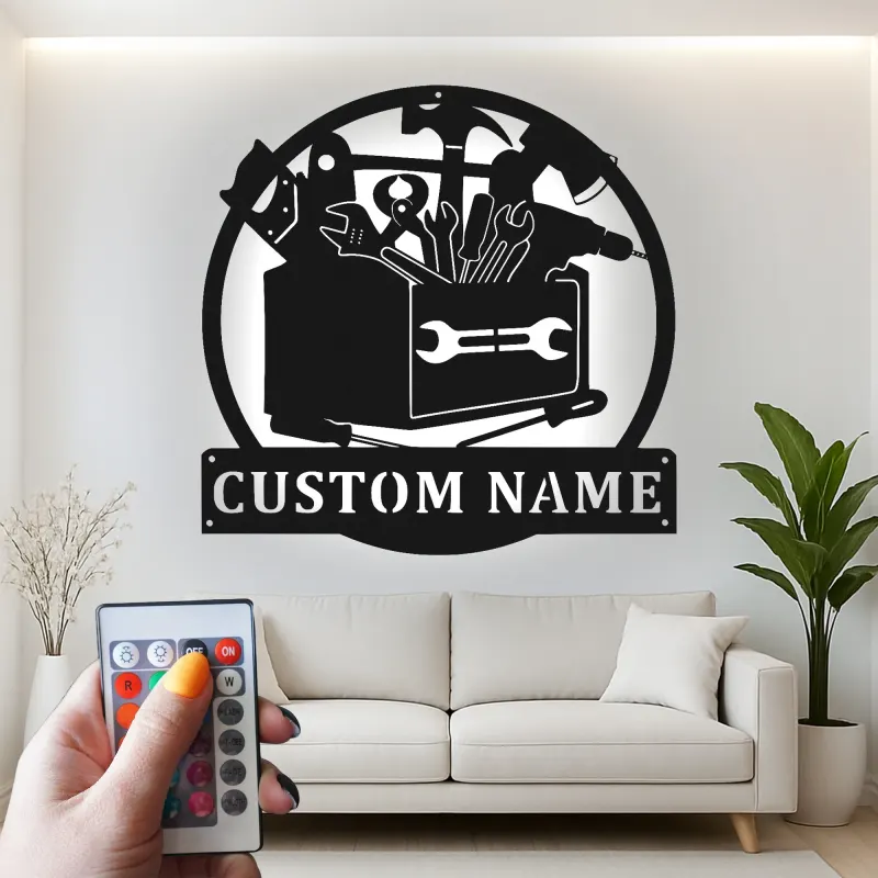 Insegna LED Toolbox Personalizzata | Arte Murale in Metallo Personalizzata | Decorazione per Laboratorio e Garage | Regalo per Falegname o Artigiano