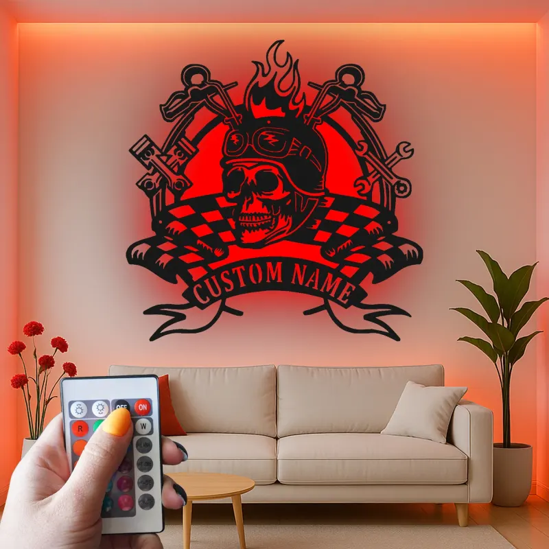 Custom Biker Skull LED Metal Sign | Personalized Motorcycle Wall Art | Garage & Man Cave Decor with Remote