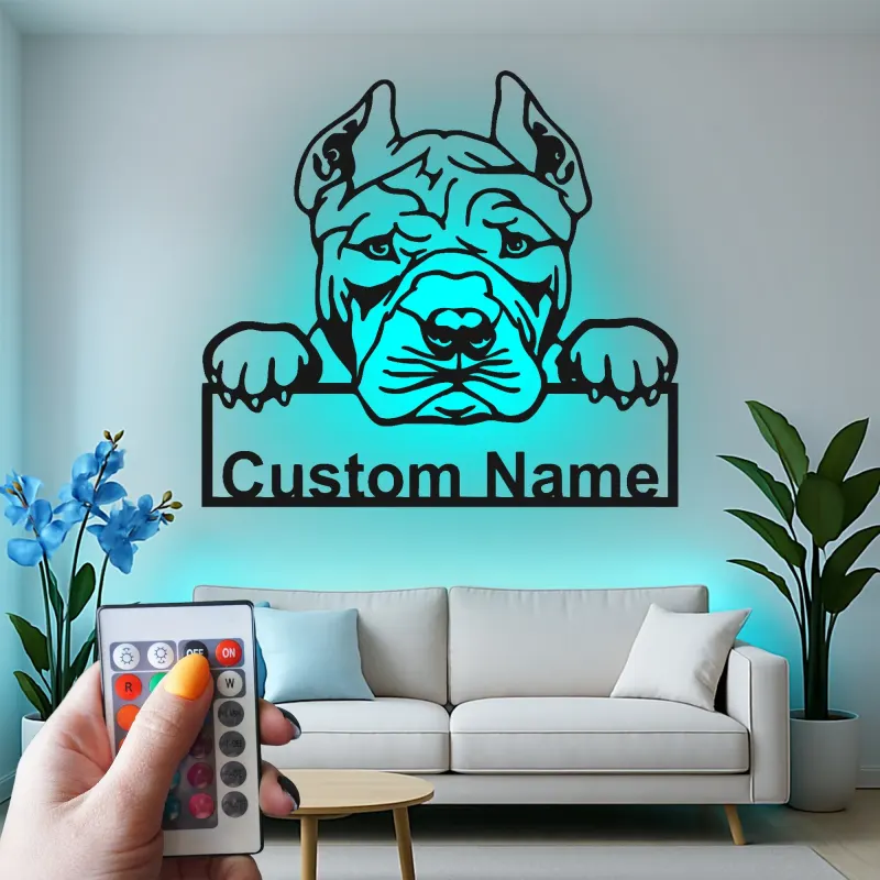 Décoration murale en métal LED personnalisée pour Pitbull - Cadeau pour amoureux des chiens - Décor pour salon