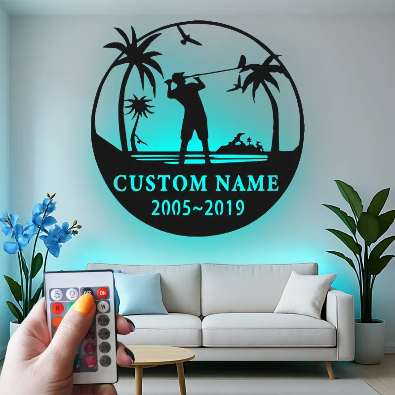 Décoration murale en métal personnalisée pour golfeur avec LED | Déco sur mesure pour club de golf | Panneau gravé avec prénom | Cadeau pour passionné de golf