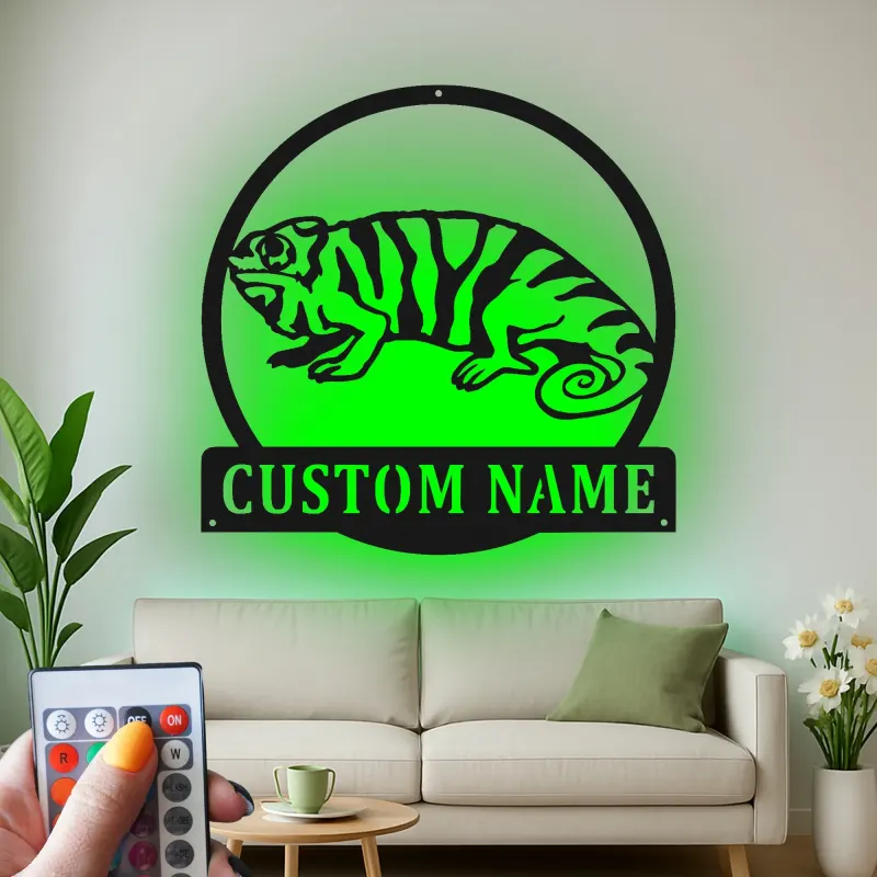 Décoration murale en métal personnalisée avec éclairage LED Chameleon pour les amoureux des reptiles - Cadeau unique pour la chambre