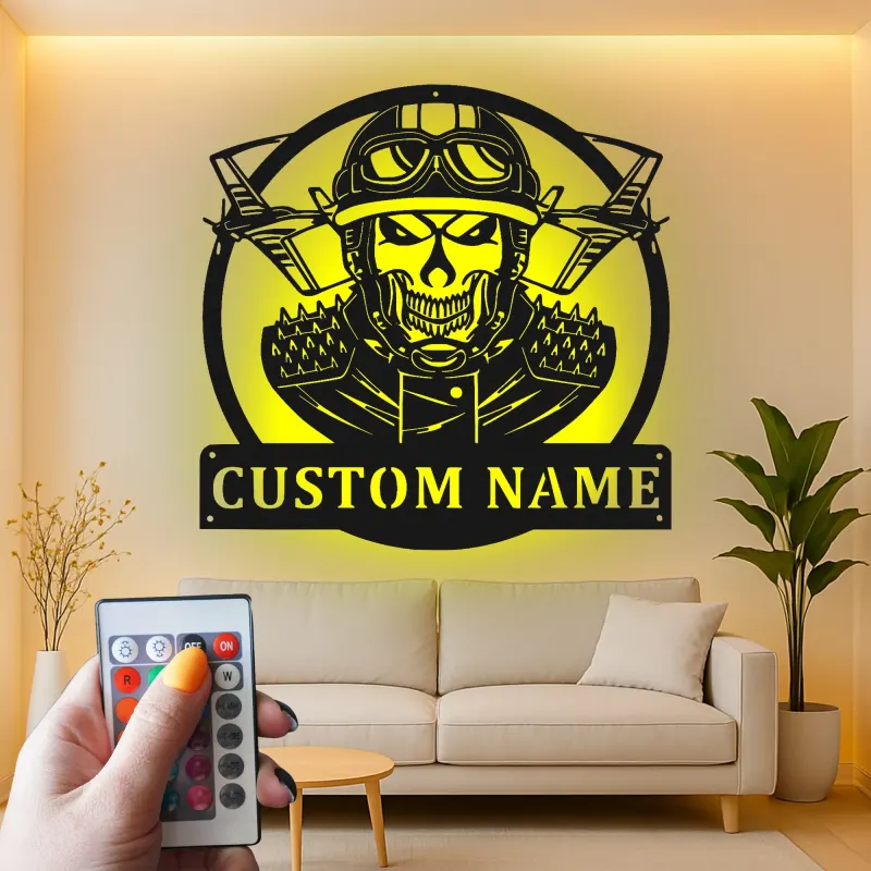 Custom Skull Fighter Pilot Metal Sign | Personalized LED Aviation Wall Art | Military Man Cave Decor | Gift for Him