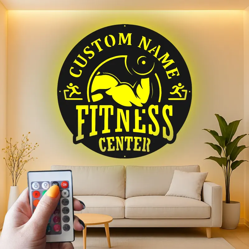 Panneau de salle de sport personnalisé | Décoration murale LED en métal pour centre de fitness | Cadeau de décor sur mesure pour propriétaire de salle