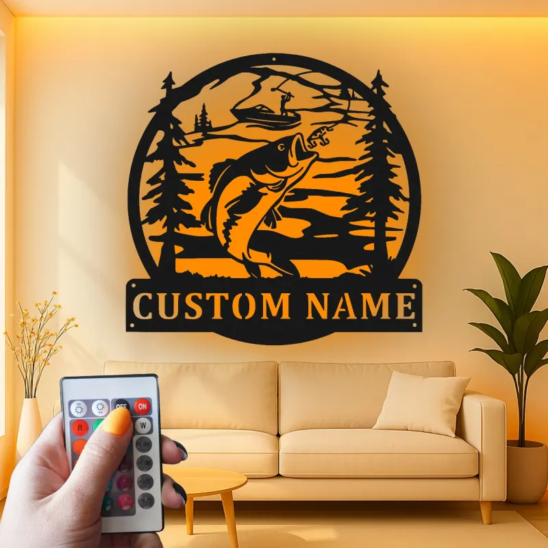 Insegna in metallo personalizzata per pesca con luce LED | Insegna con nome del pescatore | Decorazione per casa al lago e baita