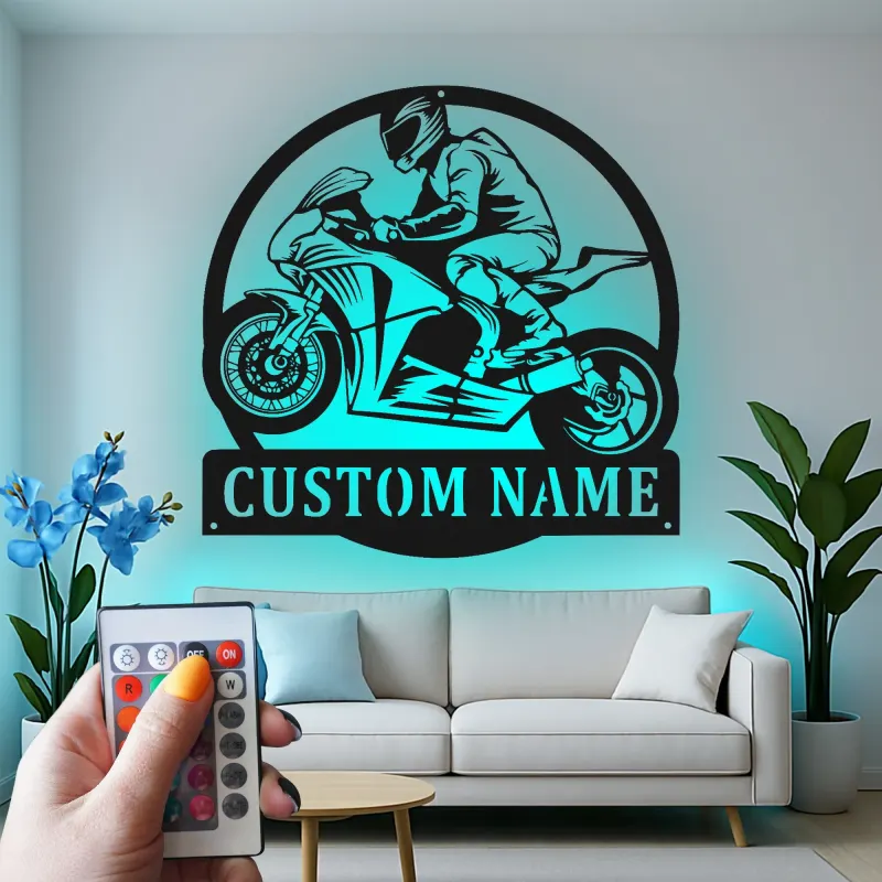 Décoration murale en métal LED personnalisée pour coureur de moto - Cadeau pour motards, décoration de garage ou de man cave