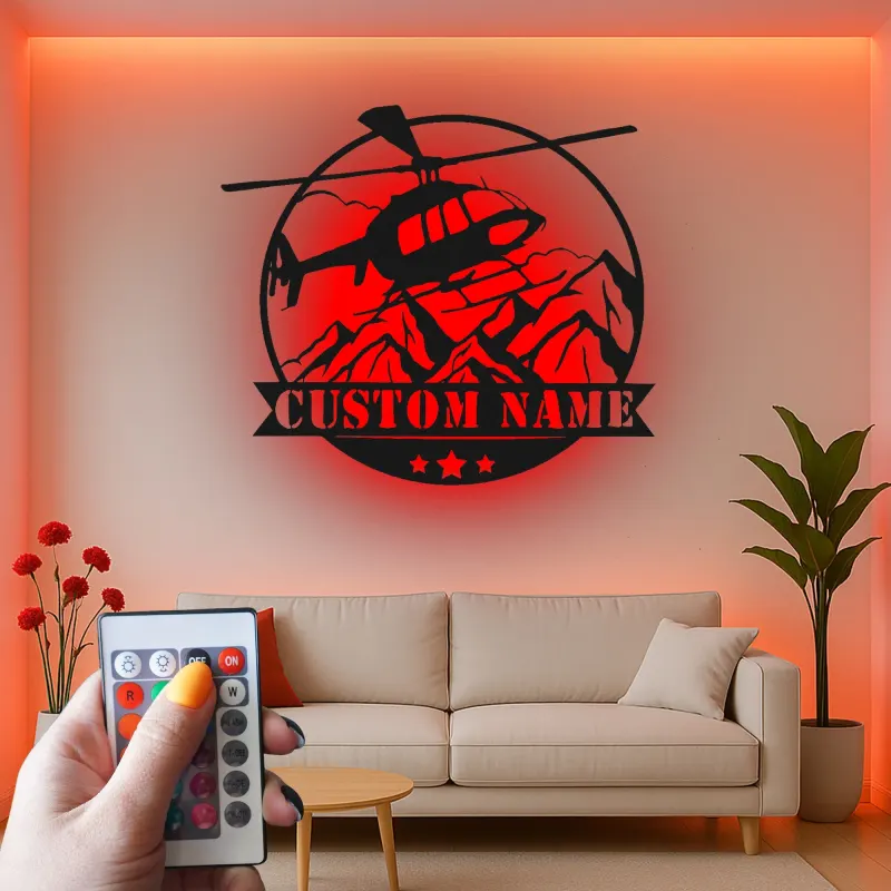 Custom Helicopter Metal Sign with LED | Personalized Pilot Gift | Aviation Wall Art for Office & Man Cave