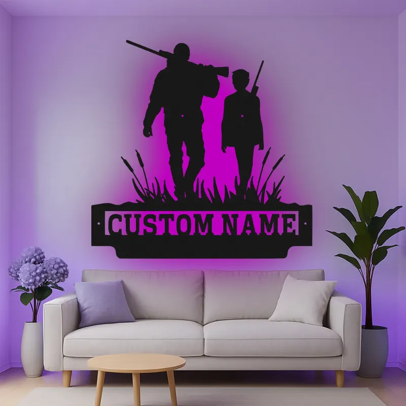 Personalisiertes LED-Metall-Wandbild Vater und Sohn auf der Jagd – Geschenk für Jäger, Deko für die Männerhöhle