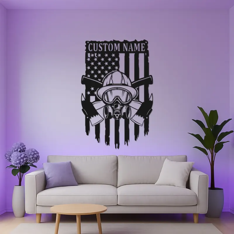 Personalized Firefighter LED Sign | Custom Fireman Metal Wall Art | Patriotic American Flag Decor for Home & Fire Station