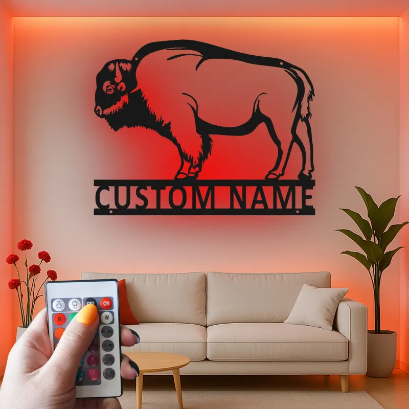 Custom Bison Led Light Metal Wall Art Personalized Wildlife Gift for Nature Lovers Rustic Home Decor