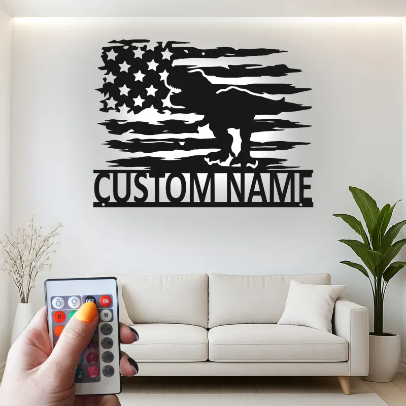 Insegna in metallo LED T-Rex con bandiera americana personalizzata, regalo unico per amanti dei dinosauri, decorazione per stanza dei bambini