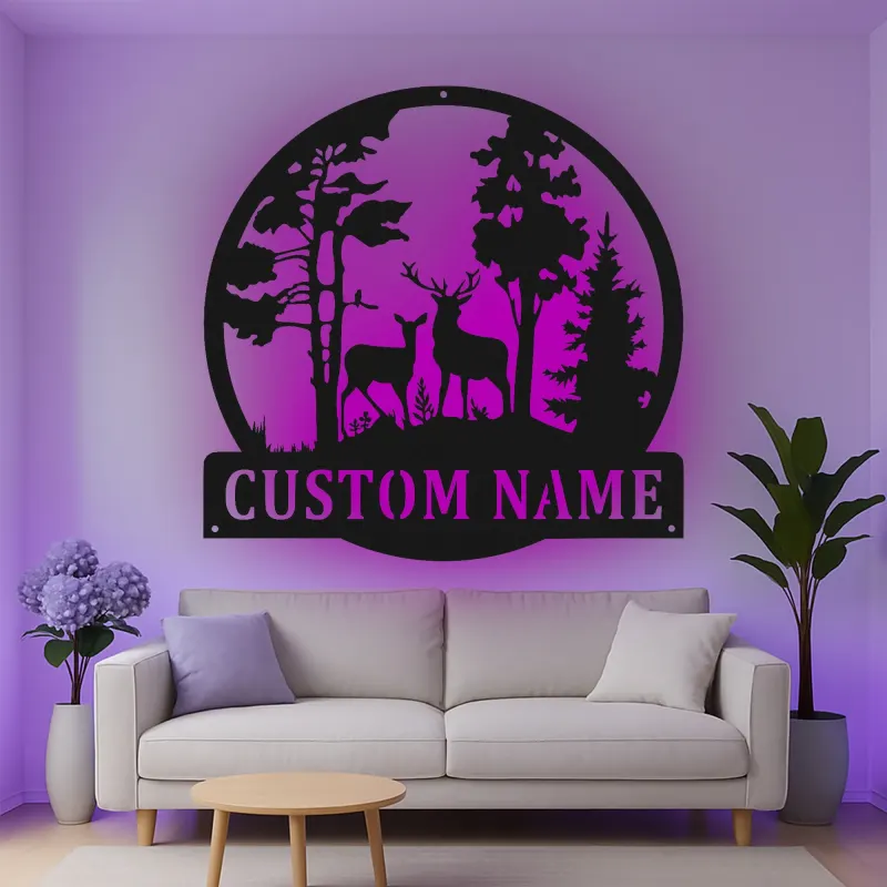 Insegna in metallo personalizzata con cervo e luce LED per amanti della natura, regalo per cabin