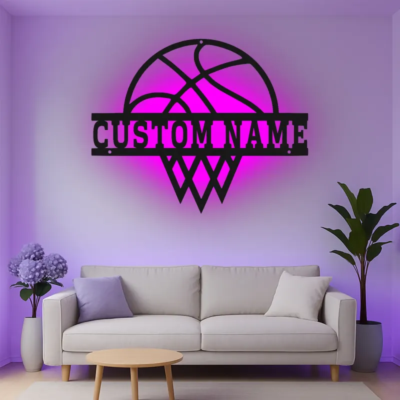 Cartel de metal personalizado de aro de baloncesto con luz LED, regalo deportivo personalizado para atletas, decoración para sala de juegos 1