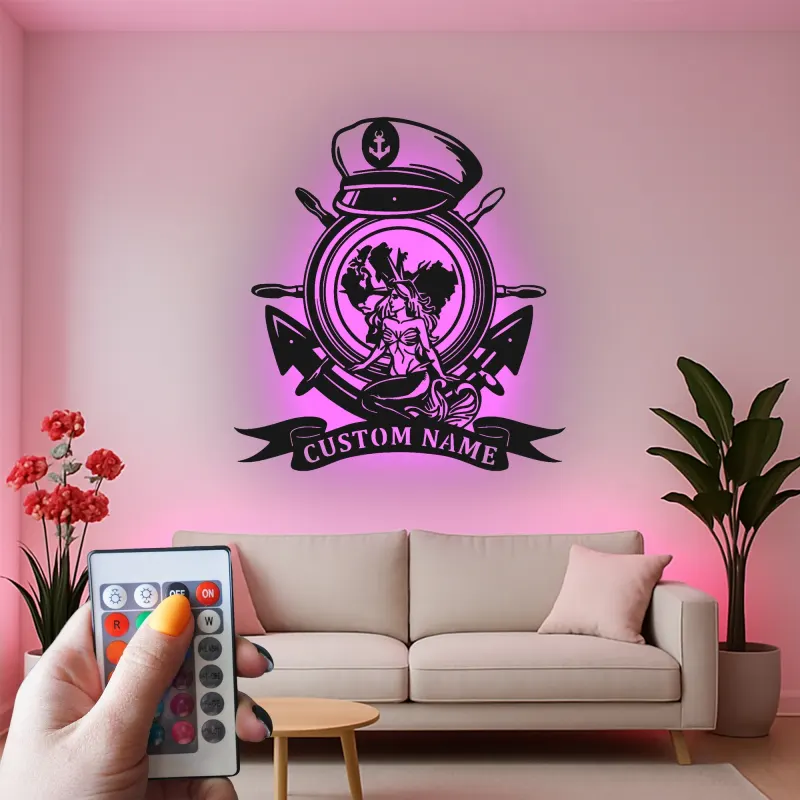 Panneau ancre sirène nautique | Décoration murale en métal LED personnalisée | Cadeau marin pour décor de maison de plage