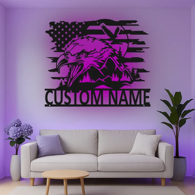Insegna in metallo LED personalizzata con aquila e bandiera americana - Regalo patriottico per veterani, decorazione per man cave o ufficio