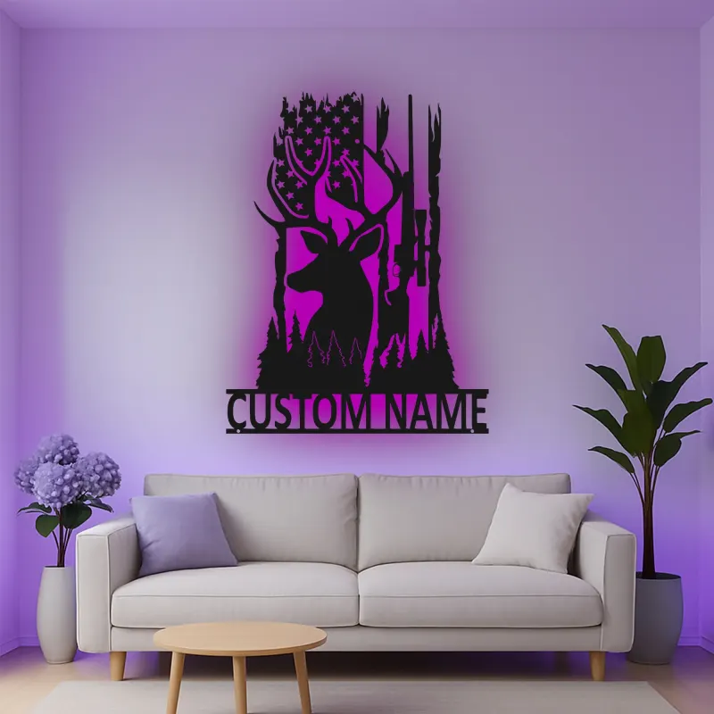 Insegna in metallo personalizzata per cacciatori di cervi con luce LED regalo personalizzato per appassionati di caccia decorazione per cabine o man cave
