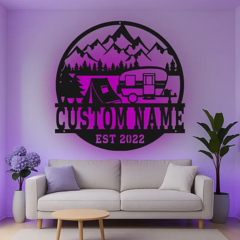 Cartel de metal LED con camper y tienda personalizado, regalo de aventura al aire libre para decoración de cabaña o RV