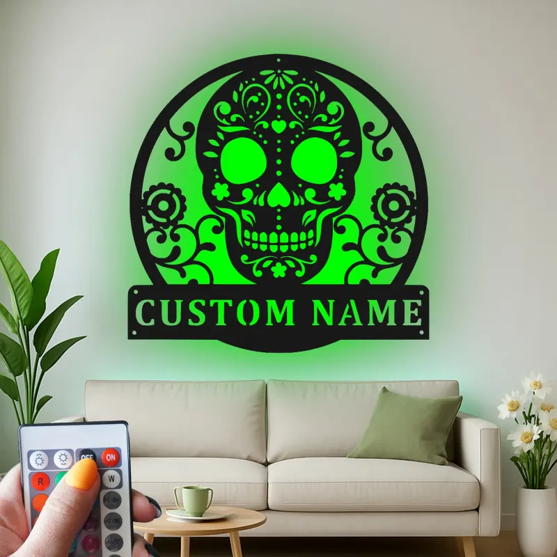 Custom Sugar Skull Metal Sign | Personalized LED Wall Art | Day of the Dead Decor | Gothic Home & Studio Accent Gift