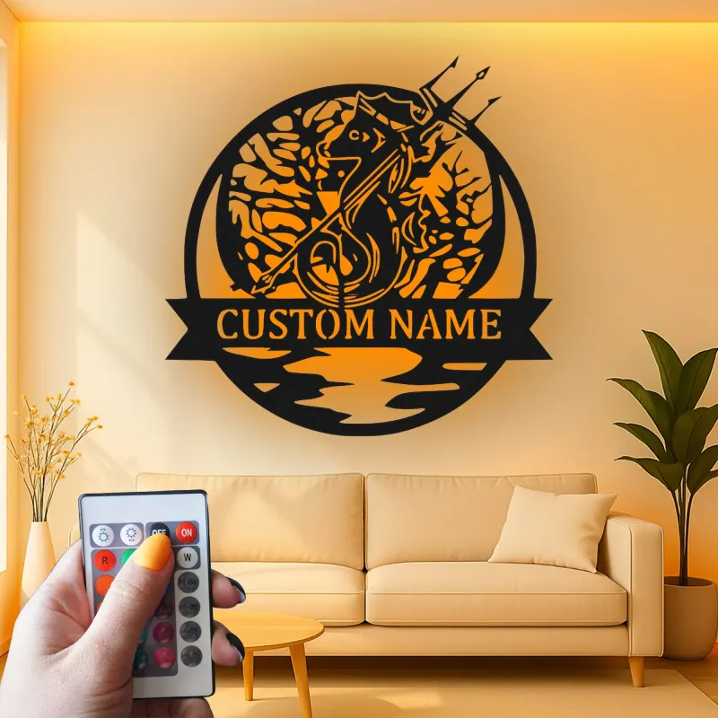 Panneau LED Personnalisé Hippocampe avec Trident | Art Murale en Métal pour Maison de Plage | Décor Nautique Personnalisé