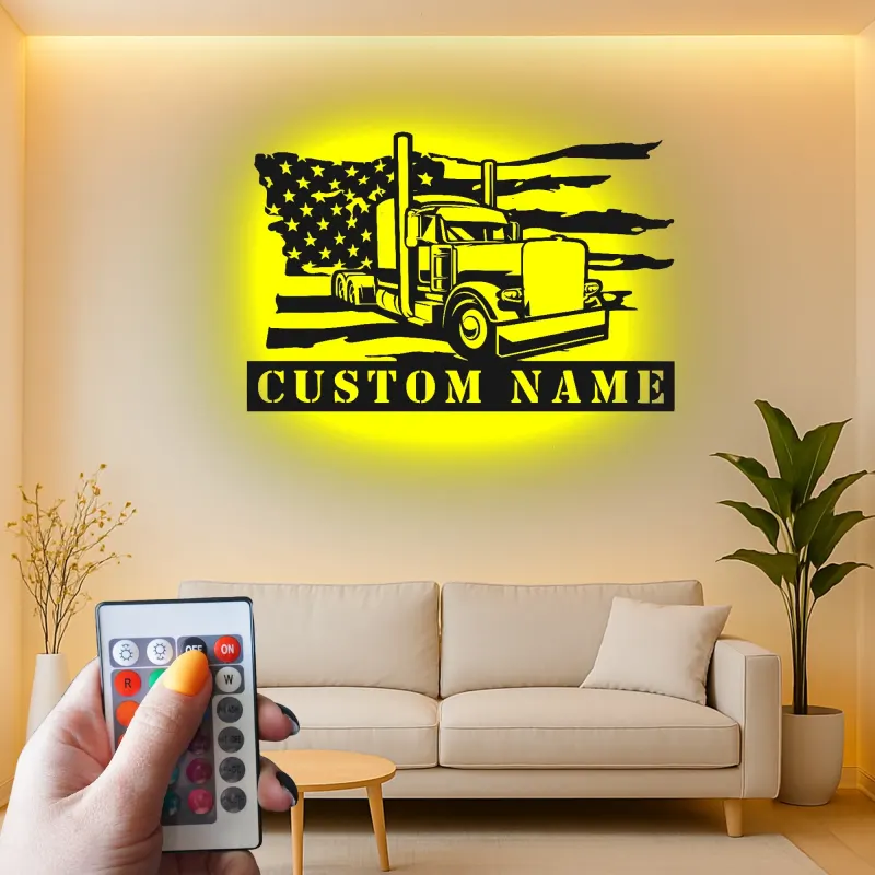 Personalisierte Semi-Truck LED Metall-Schild | Amerikanische Flagge Wandkunst | Individuelle Trucker Namensschild | Big Rig Garage & Man Cave Dekor