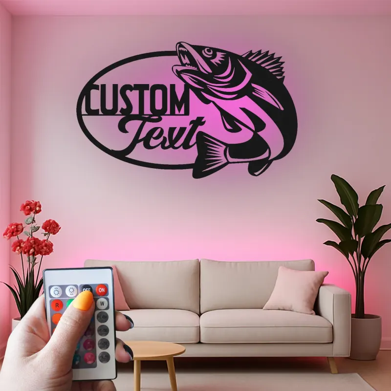 Enseigne de pêche sur mesure en métal | Décor LED avec prénom de pêcheur | Décoration rustique pour maison de lac, chalet et man cave