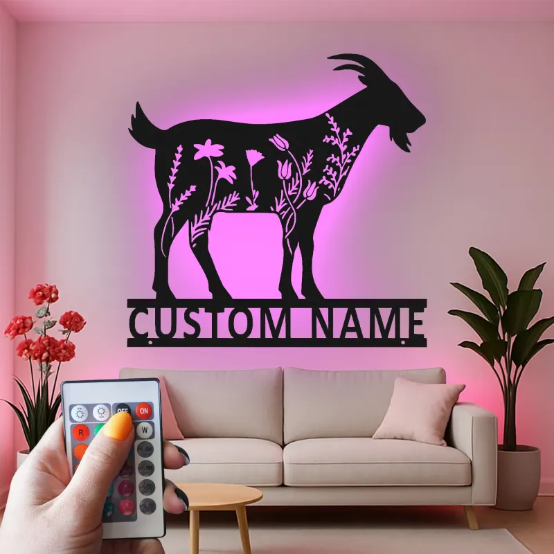 Custom Goat LED Metal Sign | Floral Farmhouse Wall Art | Personalized Animal Lover Gift & Ranch Decor