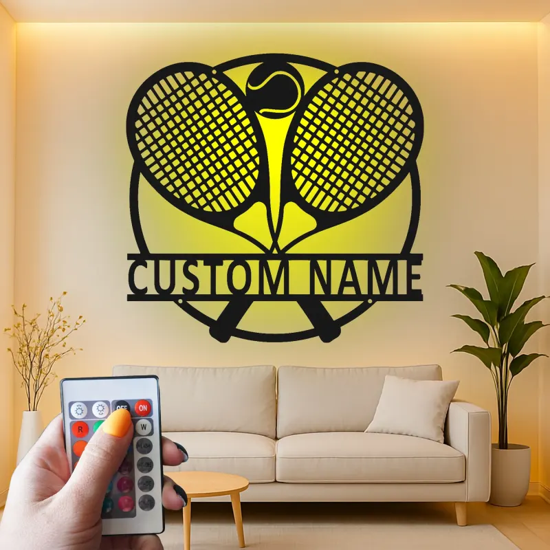 Cartel de metal LED de raquetas de tenis personalizado, regalo para amantes del tenis, decoración de sala de juegos