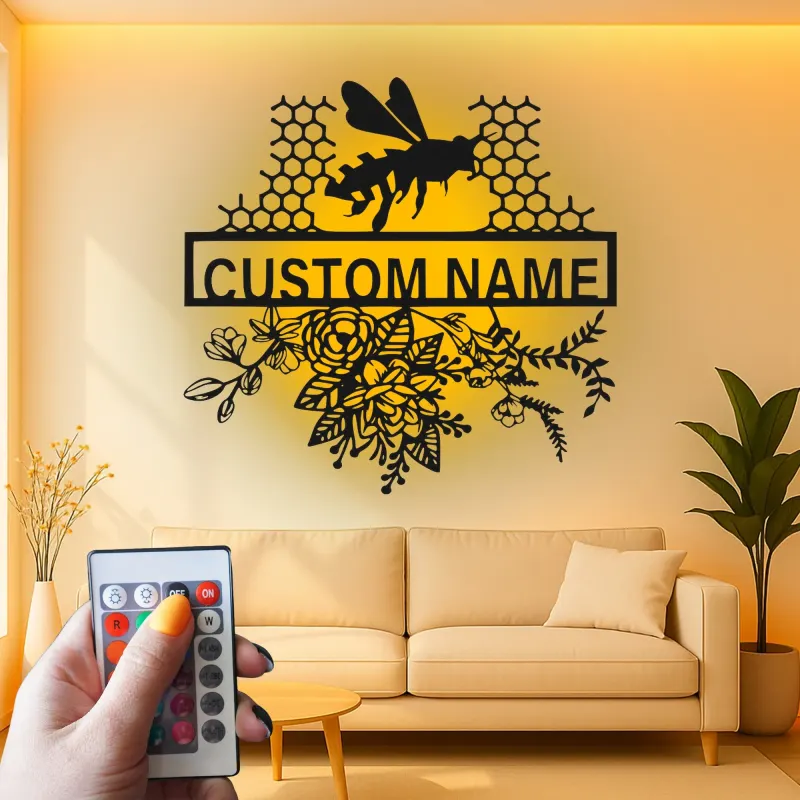 Décoration murale en métal personnalisée Abeille et Rayons de miel avec rétroéclairage pour les amoureux de la nature