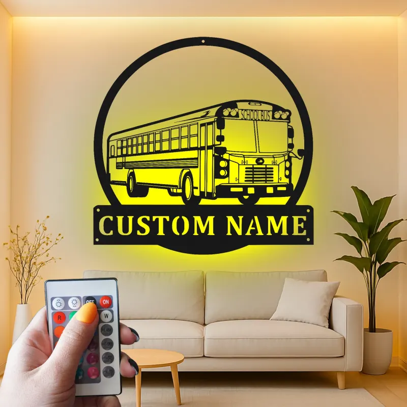 Cartel de metal LED personalizado de autobús escolar | Regalo personalizado para conductor de autobús | Decoración mural retro de transporte | Decoración de garaje iluminada