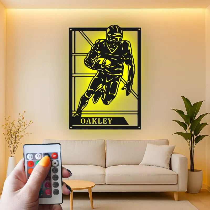 Panneau personnalisé de joueur de football américain | Décoration murale en métal LED | Décor avec prénom personnalisé pour salle de jeux | Cadeau pour sportif