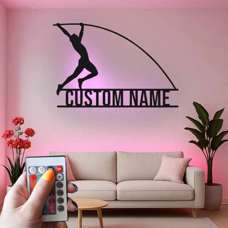 Letrero LED personalizado de salto con pértiga | Arte mural de metal de atletismo | Decoración de nombre personalizado para atletas | Regalo deportivo para entrenadores