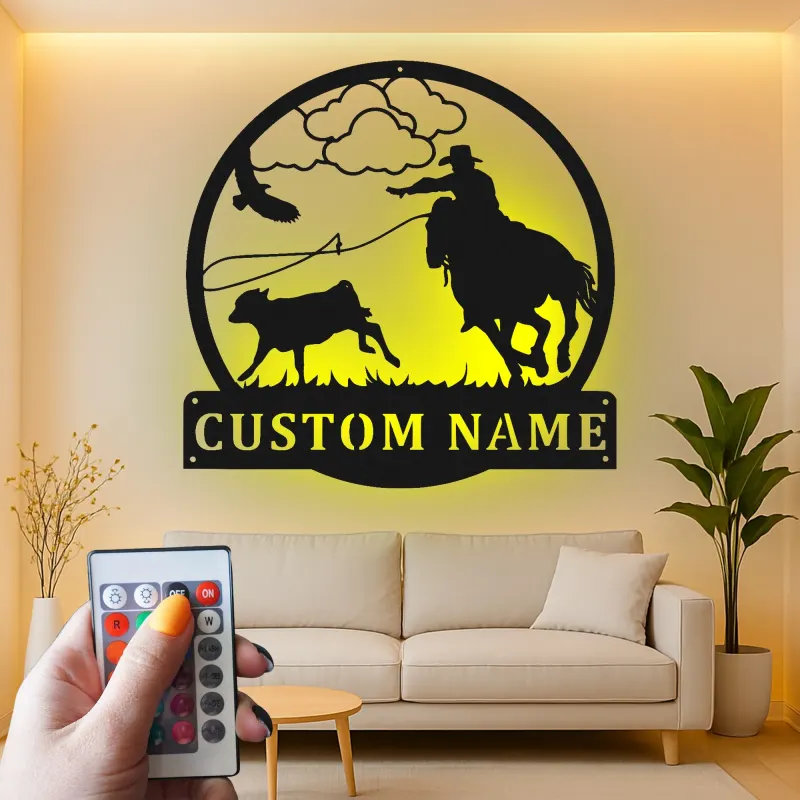 Personalisierte Cowboy-Rodeo-LED-Metall-Wandkunst – Western-Geschenk für Ihn, rustikale Ranch-Deko