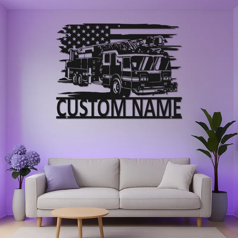 Enseigne personnalisée pour pompier en métal | Décoration murale LED camion de pompiers | Déco de caserne et cave à homme sur mesure | Cadeau pour pompier