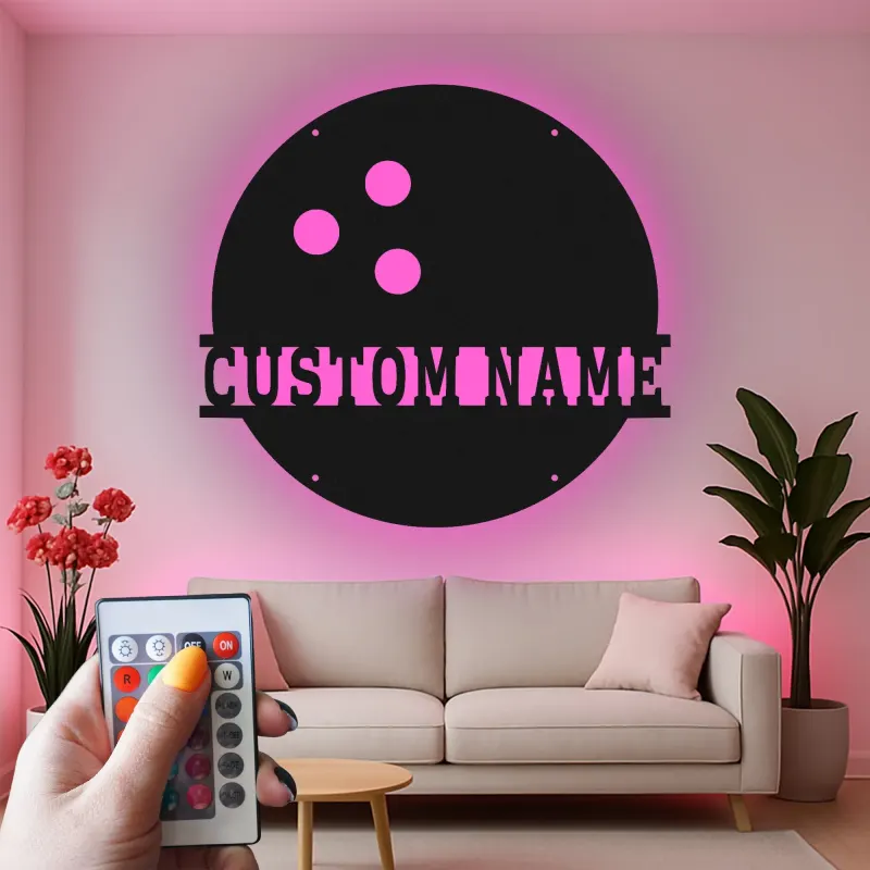 Insegna in metallo personalizzata con luce LED per palline da bowling, regalo personalizzato per appassionati di bowling, decorazione per sala giochi