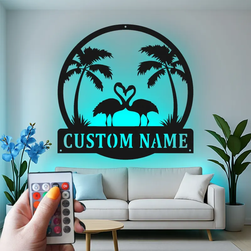 Panneau LED Couple Flamant Rose Personnalisé | Art mural en métal | Décor de maison de plage tropical pour cadeau d'anniversaire